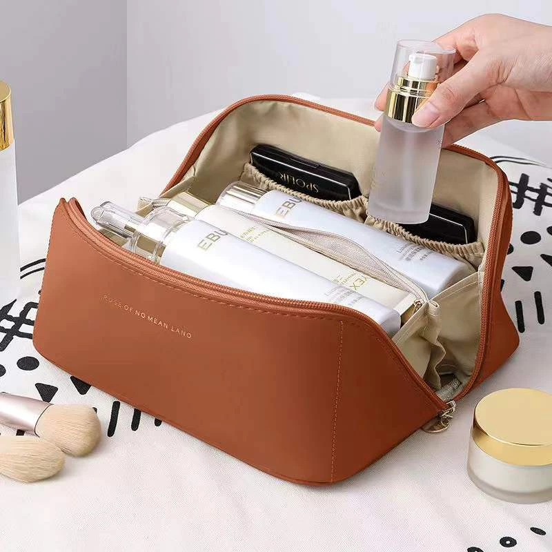 Pillow Makeup Bag Soft PU Leather Portable Cosmetic Bag Double Layer Large Capacity Travel Toiletries Storage Bag Pouch