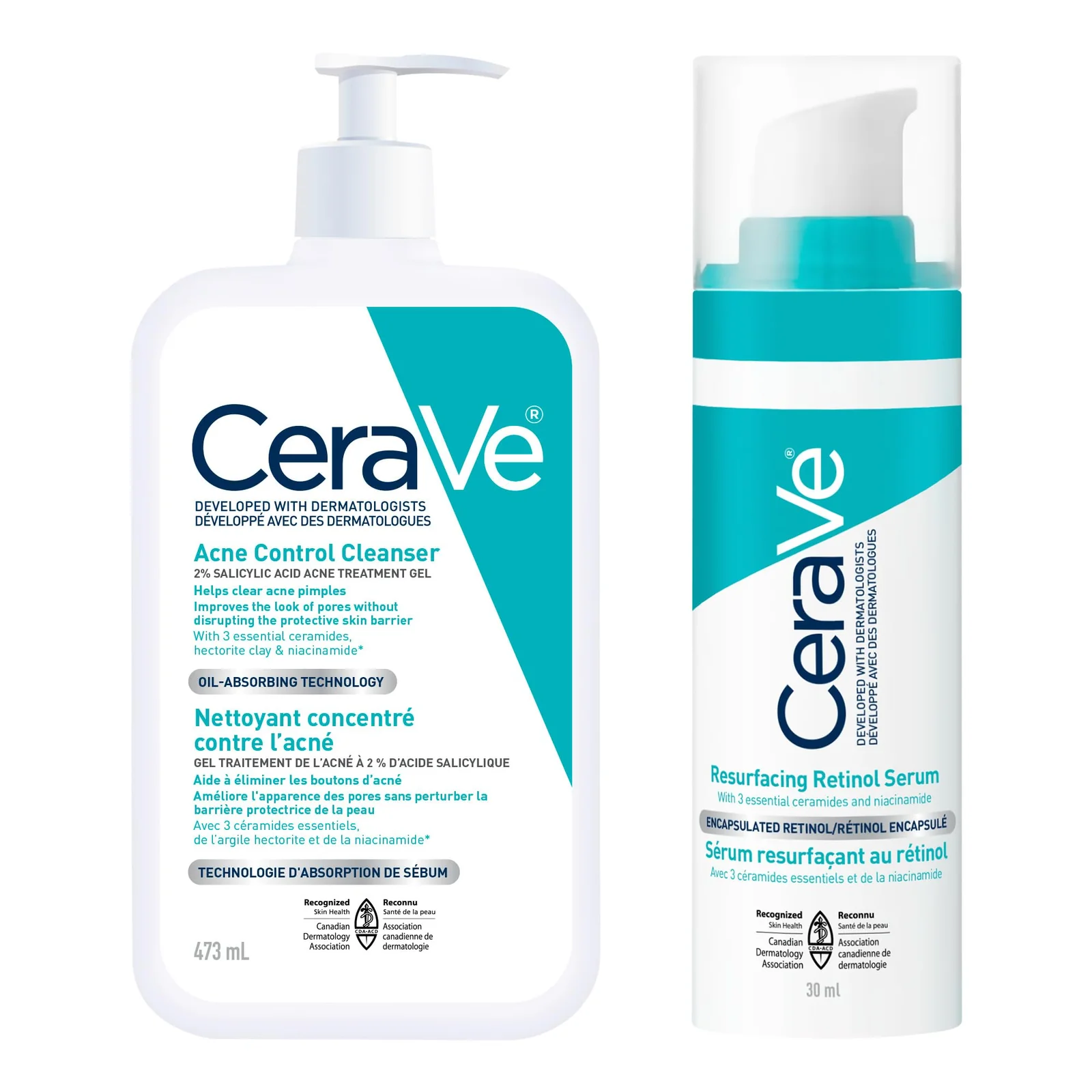 CeraVe Blemish & Acne Control Set for Oily & Acne-Prone Skin (Blemish Control Cleanser 473ml + Resurfacing Retinol Serum)